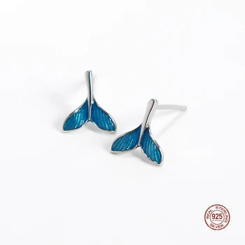 LKO Gerçek 925 Ayar Gümüş Mavi Denizkızı Kuyruğu Küpe Yüksek Kalite Kadın moda takı Balina Kuyruğu Kulak Çıtçıt Süsler