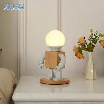 Yaratıcı Robot masa lambası İskandinav Modern Beyaz Ahşap Masa Lambası LED Çocuklar Bebek Kız Erkek Çocuk Yatak Odası Başucu Mini gece ışıkları