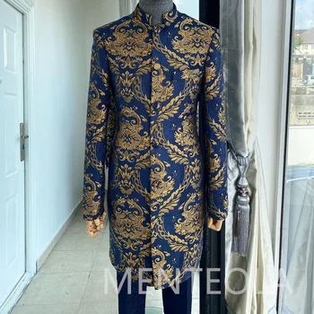 Çiçek Jakarlı Uzun Erkek Takım Elbise Ceket Lacivert Pantolon 2023 2 Parça Standı Yaka Düğün Smokin Damat için Hint Erkek Moda