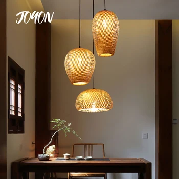 El dokuma bambu avize Retro yemek odası fener avize E27 Bahçe ev odası dekoratif aydınlatma armatürleri kolye ışık