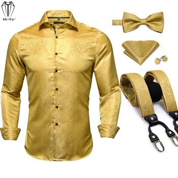 Hi-Kravat Lüks Altın Paisley Jakarlı İpek Erkek Gömlek Parantez Set Uzun Kollu Gömlek Klip Askı Erkekler İçin Düğün Parti Rahat