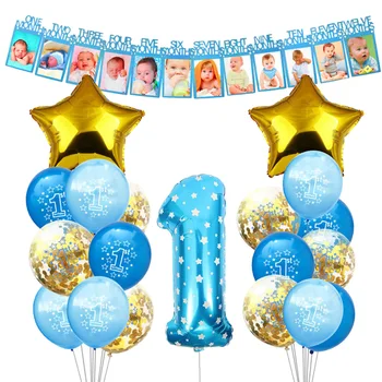 Ilk Doğum Günü Süslemeleri 1 Yıl Çocuk Doğum Günü Mavi Numarası Balonlar Benim 1st Doğum Günü Afiş Bebek Duş Parti Bir Yıl Malzemeleri