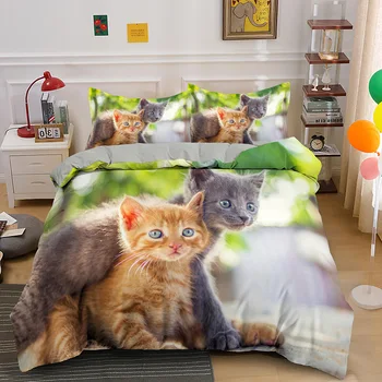 Kedi Yorgan yatak örtüsü seti Yavru Tema Sanat Komik Baskı nevresim takımı Mikrofiber Turuncu ve Gri Kedi Kral Nevresim Çocuklar İçin Genç