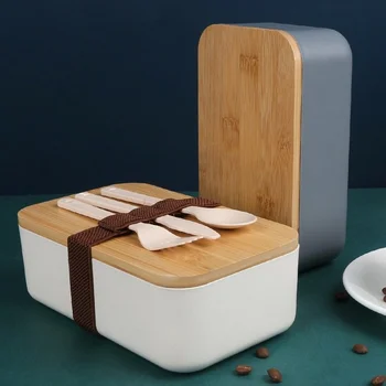 Minimalist Tasarım Bento Kutusu Bambu Kapak Çevre Dostu Malzeme Buğday Samanı yemek kabı Sofra Buğday Samanı ile Paketlenmiş Öğle Yemeği