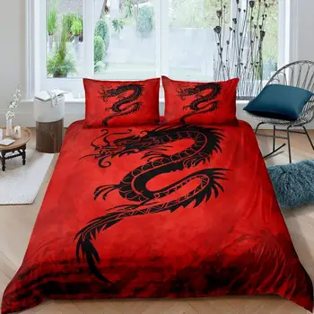 Kırmızı Taban Siyah Ejderha Baskı Yorgan yatak örtüsü seti Çin Ejderha Desen Yatak Takımları Tam Boy Mikrofiber 2/3 Adet Yorgan setleri