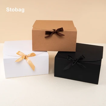 StoBag 6 adet Kraft Beyaz Siyah Hediye şeritli kutu çikolatalı kurabiye kalıbı Kek Paketi Doğum Günü Partisi Düğün Bebek duş dekorasyonu