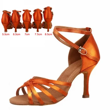 Kadın Latin Dans Ayakkabıları Saten Sandalet Bayanlar Kızlar Salsa Tango Balo Salonu Dans Ayakkabıları Yumuşak Taban Yüksek Topuklu 5 cm / 6 cm / 7 cm / 8 cm DS029