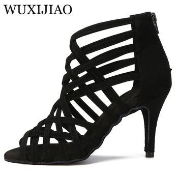 WUXIJIAO Zarif caz salsa açık kapalı standart latin dans kadın ayakkabısı modern moda yüksek topuklu siyah kadife sandalet