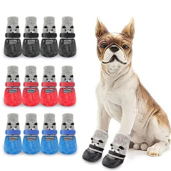 4 adet / takım Pamuk Örme Pet Yavru Köpek Ayakkabı Su Geçirmez Kauçuk kaymaz Köpek Yağmur Kar Botları Kaymaz köpek çorapları Küçük Köpek için