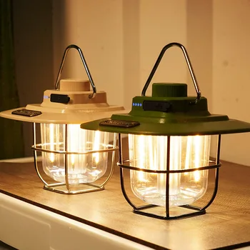 Mini Vintage Metal asılı fenerler LED kamp ışık Taşınabilir su geçirmez USB şarj çadır ışığı Kanca ile açık bahçe lambası