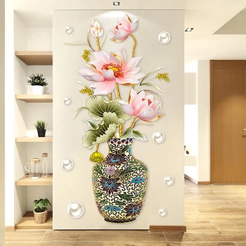 Dekoratif Çin Tarzı Vintage Vazo Duvar Sticker Lotus Çiçek Balık Dekorasyon Sanat Çıkarılabilir Oturma Odası Arka Plan Ev Dekor