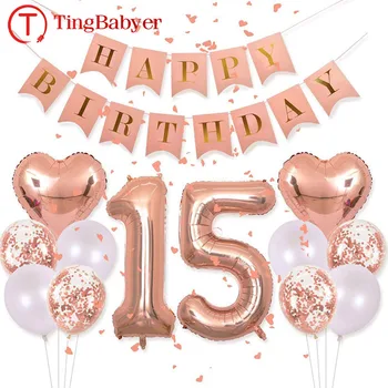 Gül Altın Numarası 15 Folyo Balonlar 15th Mutlu Doğum Günü Partisi Süslemeleri Çocuklar Oğlan Kız Onbeş Yaşındaki Yıldönümü Malzemeleri