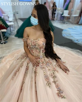 Kapalı Omuz Balo Boncuklu Quinceanera Elbiseler 3D Çiçekler Tatlı 16 Elbise Prenses Vestidos De 15 Años 2022 Elegantes