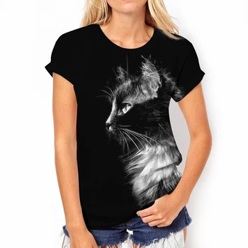 Kadın T-shirt Siyah Kedi Kawaii T Shirt Kadınlar İçin Moda Streetwear Bayan Giyim Yeni Kısa Kollu Tişört Üst Kız Elbise Tee