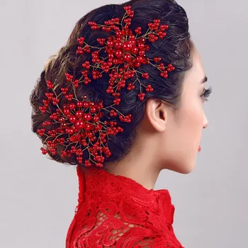 1 Adet Kırmızı İnci Kristal Kadın Saç Combs Headdress Gelin Tiaras Başlığı Saç Takı Düğün Gelin Saç Aksesuarları FORSEVEN