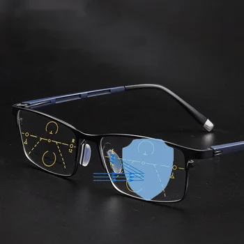 Kare Iş Uzak Ve Yakın Çift Kullanımlı okuma gözlüğü Hafif Titanyum Alaşımlı Erkekler Ilerici Multifokal okuma gözlüğü Anti Mavi