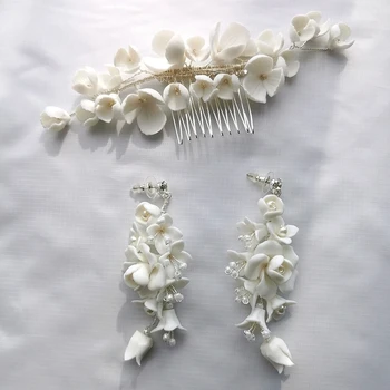 Beyaz Porselen Çiçek Gelin Saç Tarak Küpe İnciler Düğün Takı El Yapımı Kadın Başlığı saç parçası