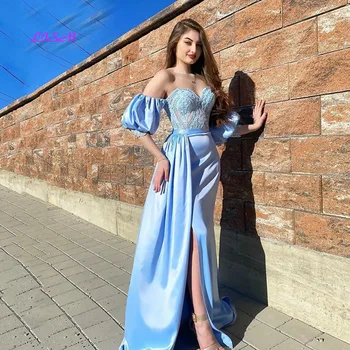 Gökyüzü Mavi Sevgiliye Saten balo kıyafetleri 2022 Balo Elbise Aplikler Mermaid Kadınlar Örgün Abiye giyim Seksi Yan Yarık Parti Elbise