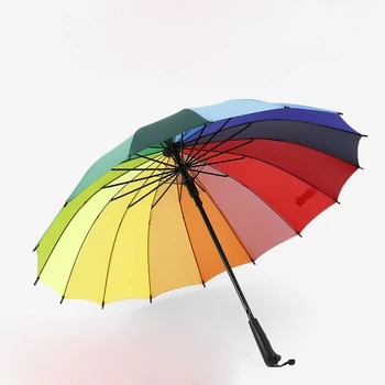 Gökkuşağı Uzun Saplı Çubuk Şemsiye Büyük Şemsiye Kaburga Renk Düz Renkli Kadın Güneşli Ve Yağmurlu Şemsiye