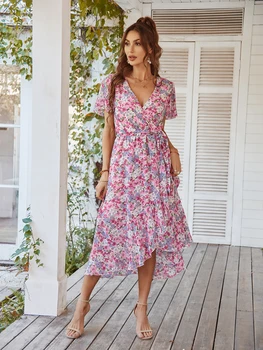 GAOVOT Wrap şifon elbise Kadınlar İçin 2023 Çiçek Baskı Fırfır Bölünmüş Elbise Bel Kravat V Yaka Maxi Elbiseler