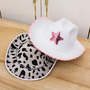 Beyaz Cowgirl Şapka Pembe Yıldız İnek Kız Şapka Pullu Trim Saçak Ayarlanabilir Boyun Beraberlik Dize Yetişkin Boyutu kovboy şapkası