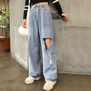Kadın Kot Yüksek Bel Yırtık Kot büyük boy 2022 Elbise Geniş Bacak Kot delik Mavi Streetwear Moda Vintage gevşek pantolon KZ169