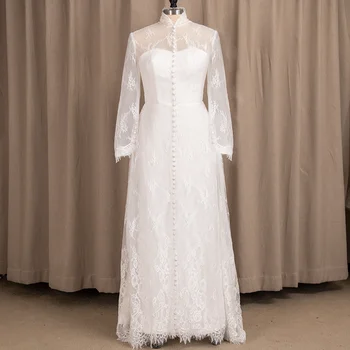 # 9231 100 % Gerçek Fotoğraflar Standı Yaka Boho Dantel Kat Uzunluk Artı Beyaz düğün elbisesi Olgun Kadın İçin