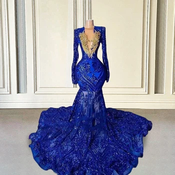 Kraliyet Mavi Pullu Mermaid balo kıyafetleri 2023 Lüks Siyah Kız için Altın Boncuk Uzun Kollu Kadın Resmi gece elbisesi Düğün için