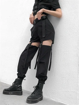 Alt Cyber harem pantolon Kadın E Kız Hip Hop Toka Parça Pantolon Kpop Tiki Tarzı Punk Goth Merkezi Hollow Out Emo Pantalon Kore