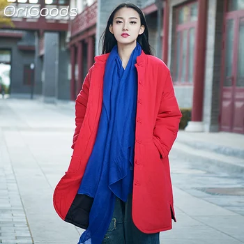 OrıGoods Çin Tarzı Pamuk Kapitone Uzun Ceket Kadın Kalın Sıcak Kış Parka Giyim Büyük Boy Yastıklı Kış Giyim B093