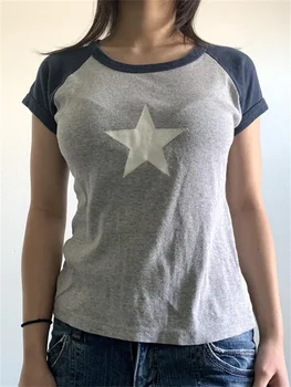 CHRONSTYLE Yıldız Baskı Gotik T-Shirt Kontrast Renk Kısa Kollu Casual Temel Üstleri Şık Kadın Harajuku Grunge Tees Y2K Giysileri