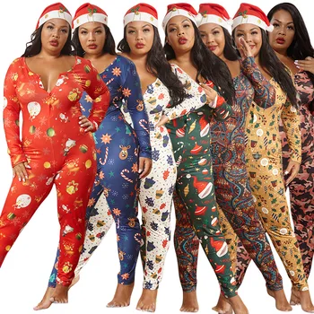MCLAOSI 2021 Noel Pijama Sıkı Streç Örme Tulum kadın Tulum Pijama Onesie Seksi İç Çamaşırı Artı Boyutu Bodysuit