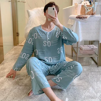 100KG Artı Boyutu Uzun Kollu erkek Pijama Setleri Yaz Pamuk İpek Pijama Baskı Harfler Ev Giysileri Gevşek Salonu Aşınma Takım Elbise