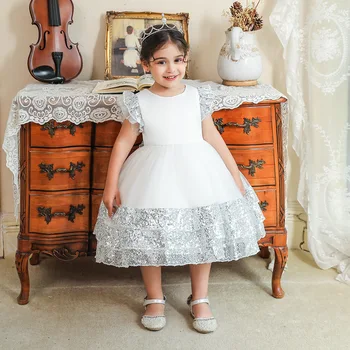 Moda Toddler Kız Prenses Cap Sleeve Pageant Düğün Parti Gümüş Sequins Elbise Doğum Günü Çocuk Hediyeler için