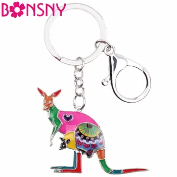 Bonsny Emaye Çiçek Avustralya Kanguru Anahtarlık Anahtarlıklar Yüzük Moda hayvan figürlü mücevherat Kadınlar kızlar Için hediye çantası Araba Takılar Yeni