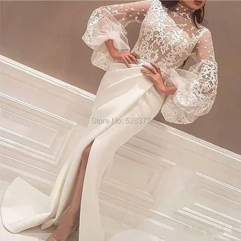 YNQNFS MD139 Zarif Düğün Konuk Elbise Yüksek Boyun Uzun Kollu Arapça anne Gelin / Damat Elbiseler Kıyafetler 2020