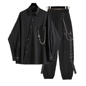 Bahar Hip Hop Asimetrik Zincir Süsler Kargo pantolon Streetwear Hip Hop Uzun kollu Gömlek Unisex Siyah Üst 2 Parça Takım Elbise