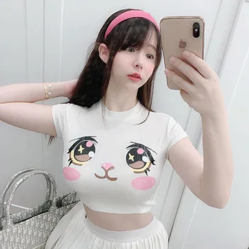 Yaz Sıkı Grafik T Shirt Kadınlar İçin Seksi Kpop Kawaii Anime Elbise kollu kısa tişört Açık Göbek Kız Öğrenci Kırpma Üst