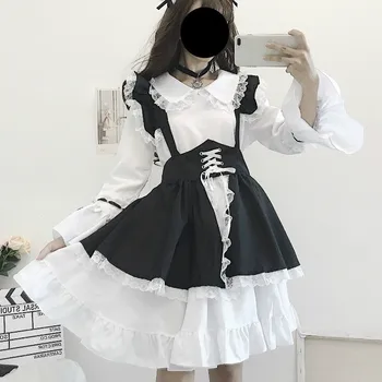 Vintage Siyah Beyaz Gotik Lolita Hizmetçi Elbise Kadın Japon Kawaii Parlama Kollu 2 Parça Setleri Kız Cadılar Bayramı Cosplay Kostümleri
