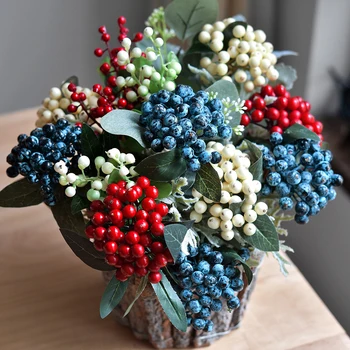 Yapay Holly Meyveleri Çiçek Düzenleme Sahte Meyveleri Demet Noel Partisi Ev Dekorasyonu için Sonbahar Renk Meyveleri Sahte Bitkiler
