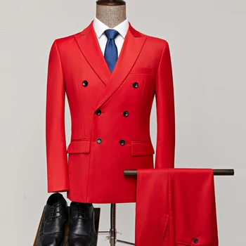 Iki Adet Set Kırmızı Sarı Mavi Takım Elbise Ceket Pantolon Moda erkek Rahat Butik Kruvaze Düz Renk Blazers Ceket Pantolon