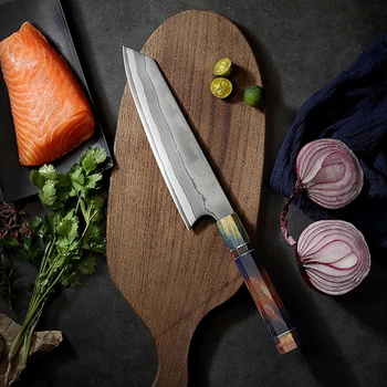 JUNSHENG Şam şef bıçağı istikrarlı ahşap 8 açılı kolu 8 inç mutfak bıçağı mutfak bıçağı Japon dilimleme bıçağı