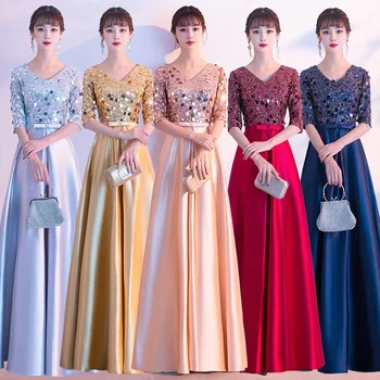 DongCMY Uzun Şampanya Rengi V Yaka Pullu Akşam Elbise Parti Zarif Maxi Performans Elbiseler Partileri Kadın Elbise