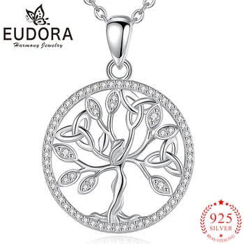 Eudora 925 Ayar Gümüş Hayat Ağacı Kolye Kakma Zirkon Yuvarlak Kolye Zarif moda takı Kadın Parti Hediye