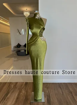 Lüks Yeşil Boncuk Yüksek Boyun Abiye 2023 Bir Omuz Kristal Aplikler Mermaid Balo Elbise Robe Soirée Femme
