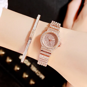 Lüks Paslanmaz Kemer kuvars saatler Kadınlar İçin Gül Altın Tam Rhinestone Bilezik Elbise İş Saati İzle Hediye Reloj Mujer